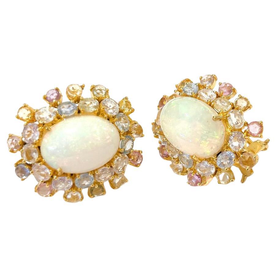Bochic “Orient” Opal & Multi Sapphire Earrings Set In 18K Gold & Silver  For Sale
