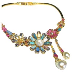 Bochic "Orient" Opal, Multi Sapphires & Rubies Necklace Set In 18K Gold & Silver