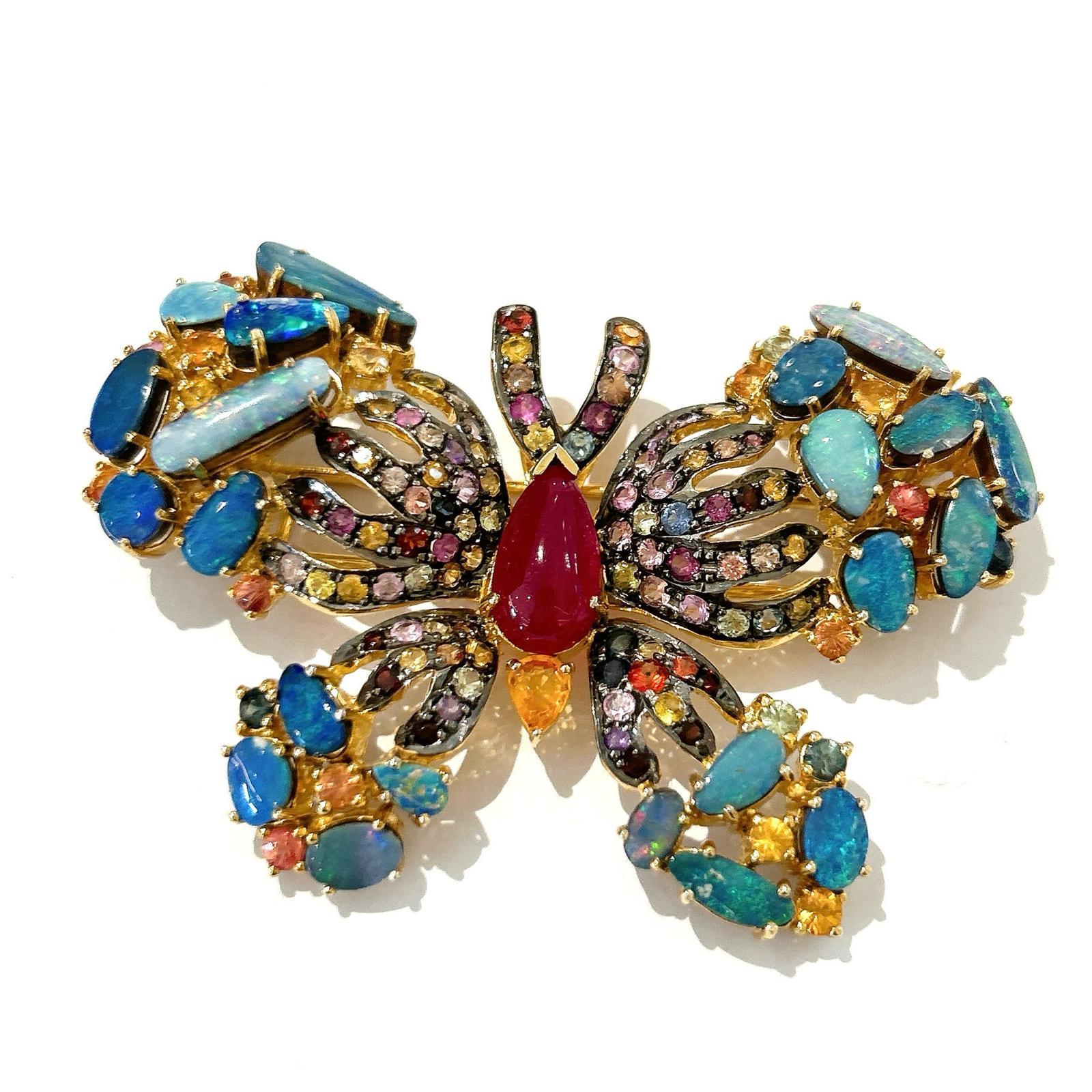 Brilliant Cut Bochic “Orient” Opal, Multi Sapphires & Ruby Brooch Set In 18K Gold & Silver  For Sale