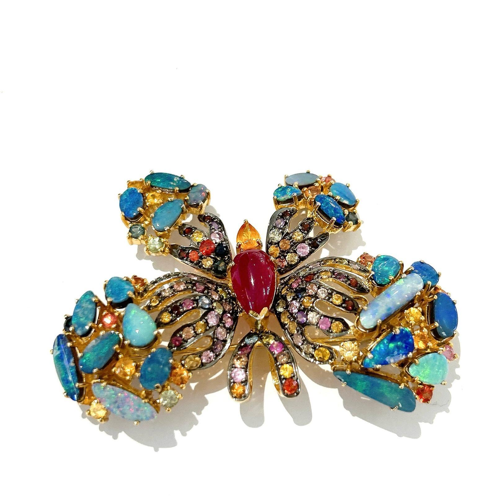 Bochic “Orient” Opal, Multi Sapphires & Ruby Brooch Set In 18K Gold & Silver  In New Condition For Sale In New York, NY