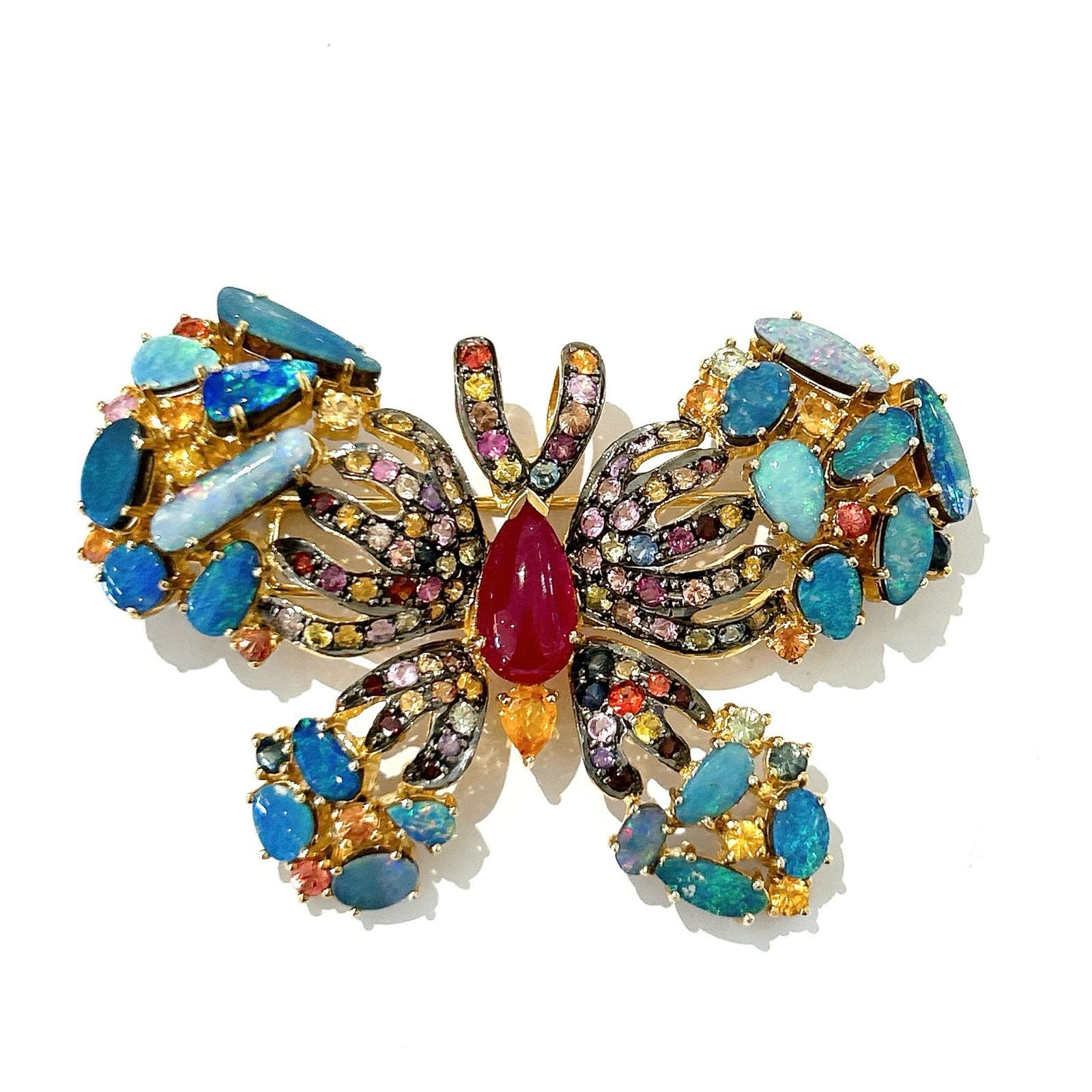 Women's Bochic “Orient” Opal, Multi Sapphires & Ruby Brooch Set In 18K Gold & Silver  For Sale