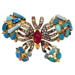 Bochic “Orient” Opal, Multi Sapphires & Ruby Brooch Set In 18K Gold & Silver 