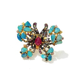 Bochic “Orient” Opal,  Multi Sapphires & Ruby Ring Set In 18K Gold & Silver