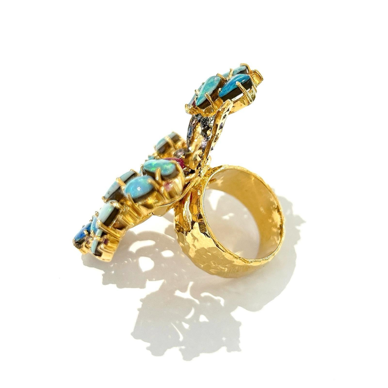 Belle Époque Bochic “Orient” Opal,  Multi Sapphires & Ruby Ring Set In 18K Gold & Silver  For Sale