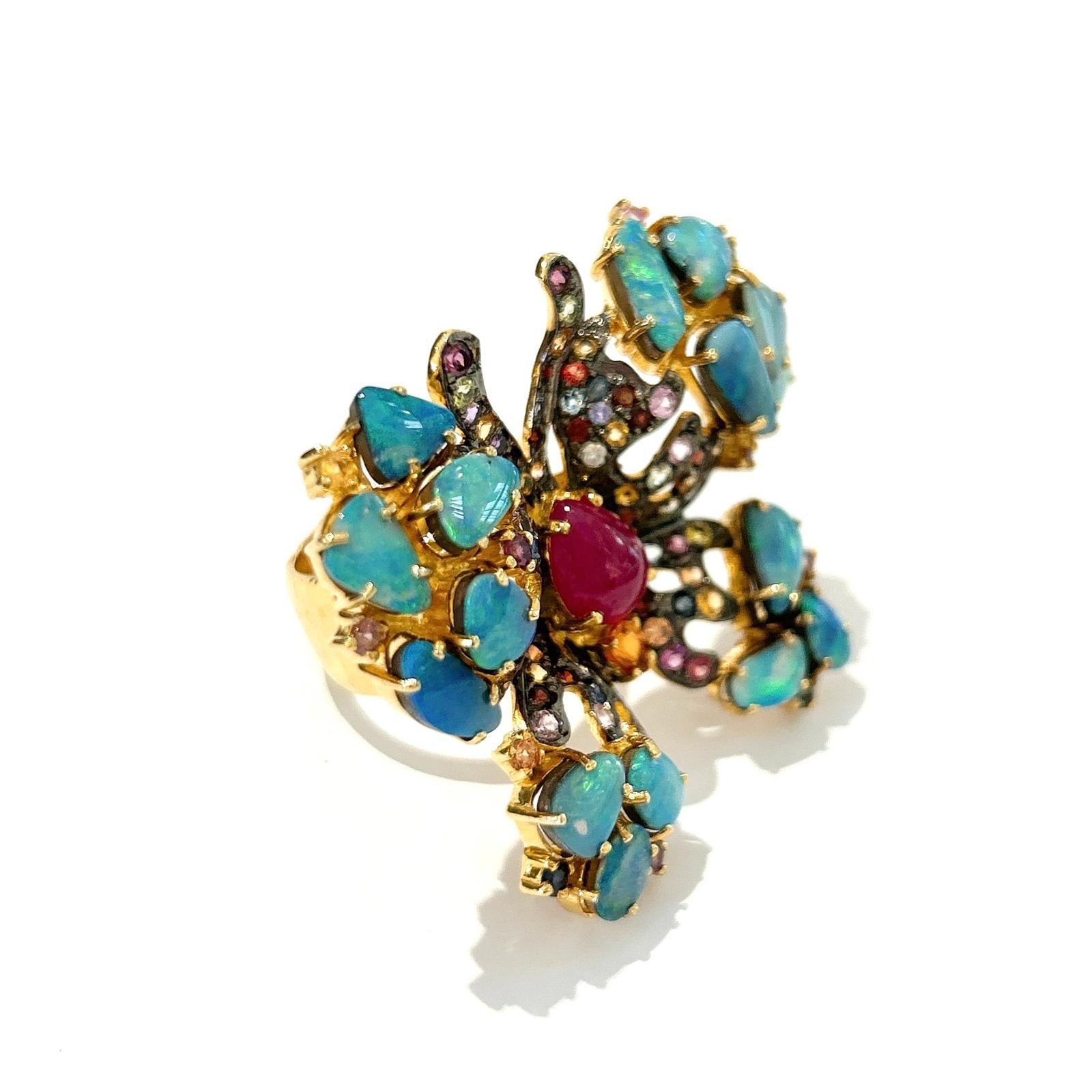 Brilliant Cut Bochic “Orient” Opal,  Multi Sapphires & Ruby Ring Set In 18K Gold & Silver  For Sale