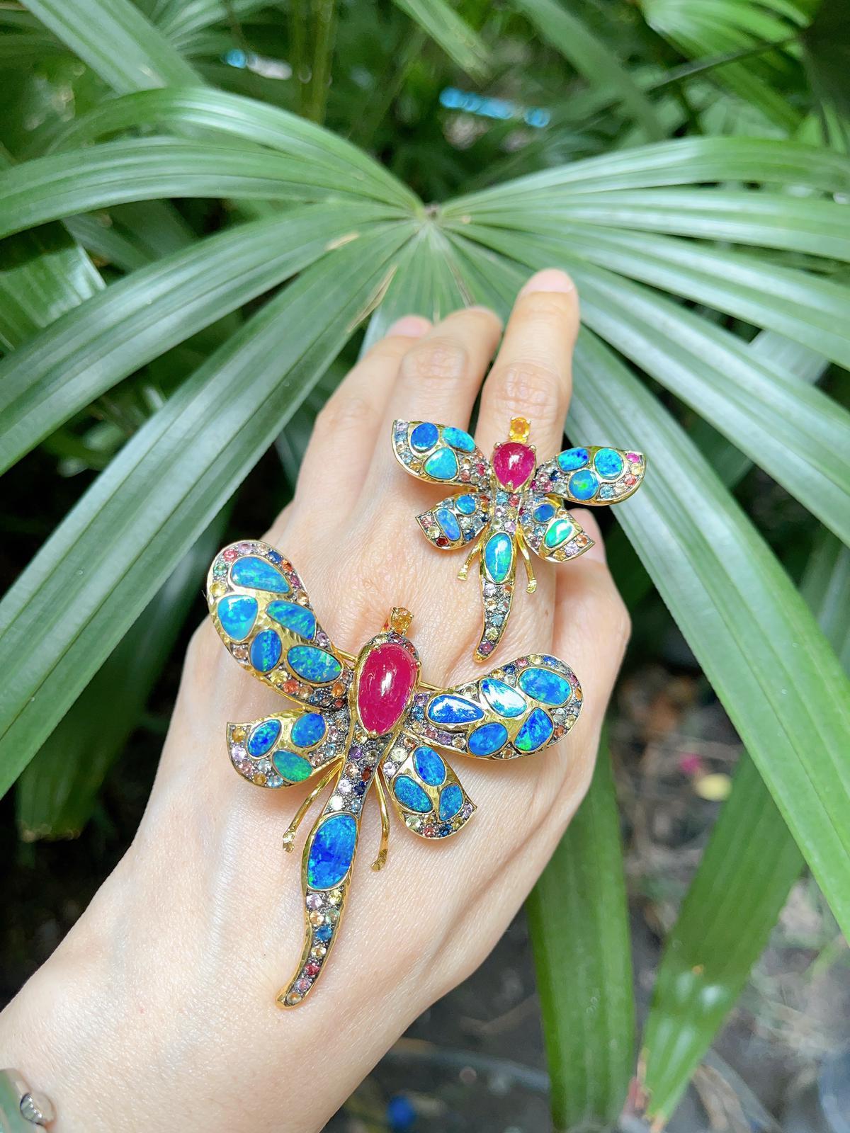 Women's Bochic “Orient” Opal, Ruby & Multi Color Sapphires Set Brooch 18K Gold & Silver  For Sale