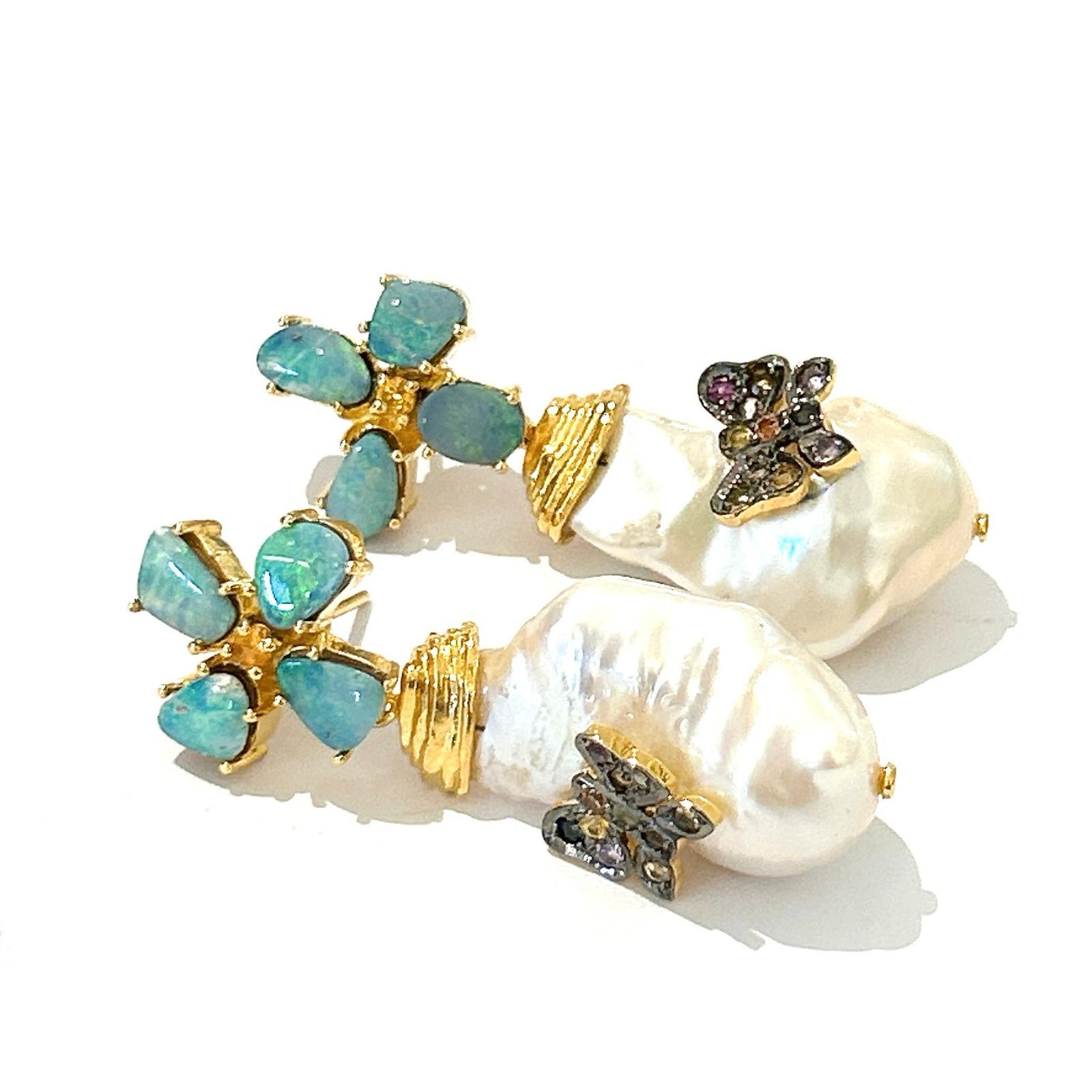Baroque Bochic “Orient” Opal, Ruby & Multi Diamond  Earrings Set 18K Gold&Silver  For Sale
