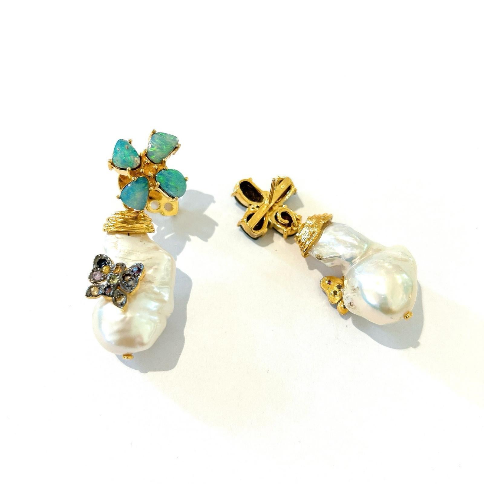 Brilliant Cut Bochic “Orient” Opal, Ruby & Multi Diamond  Earrings Set 18K Gold&Silver  For Sale