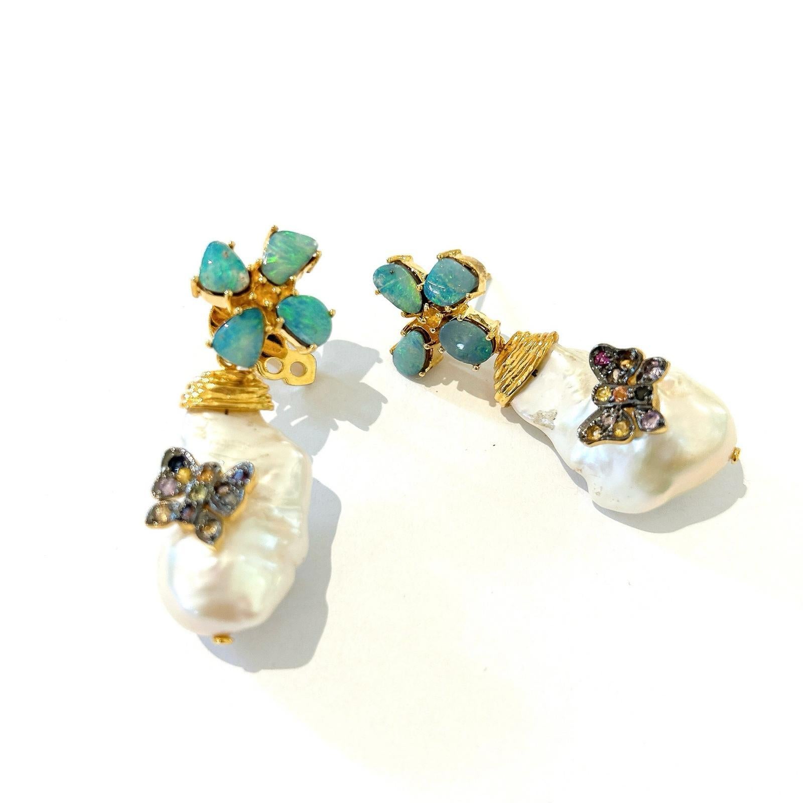 Bochic “Orient” Opal, Ruby & Multi Diamond  Earrings Set 18K Gold&Silver  In New Condition For Sale In New York, NY
