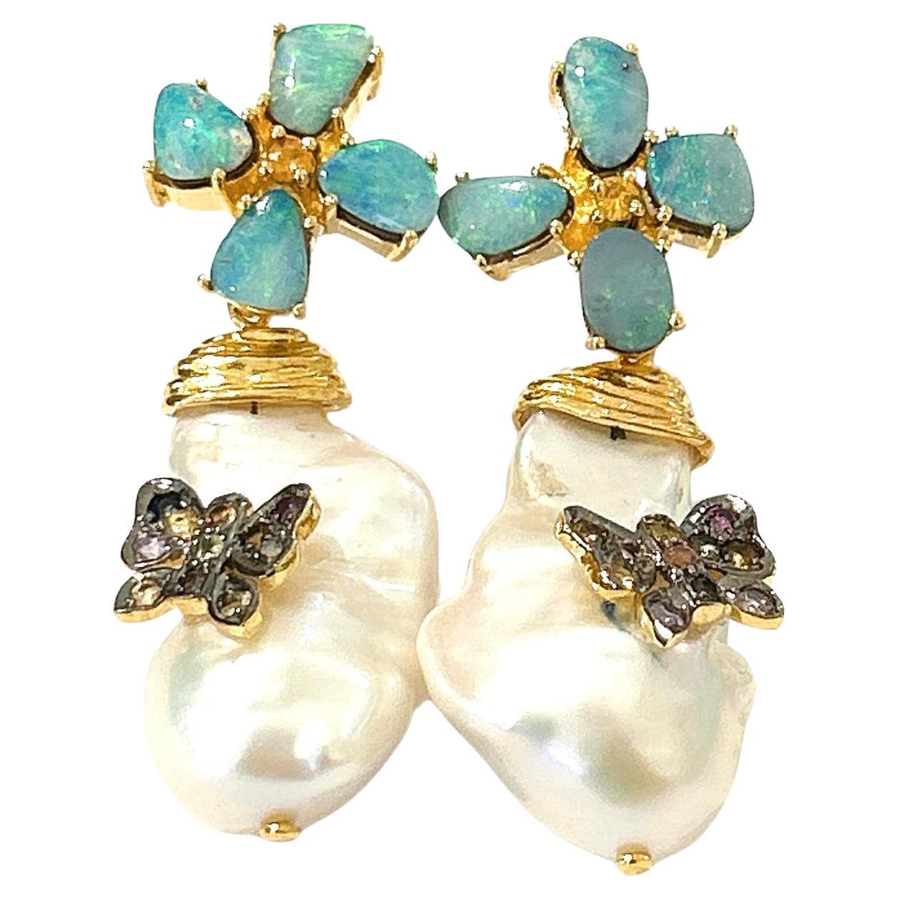 Bochic "Orient" Opal, Rubin und mehrere Diamanten  Ohrringe Set 18K Gold&Silber 