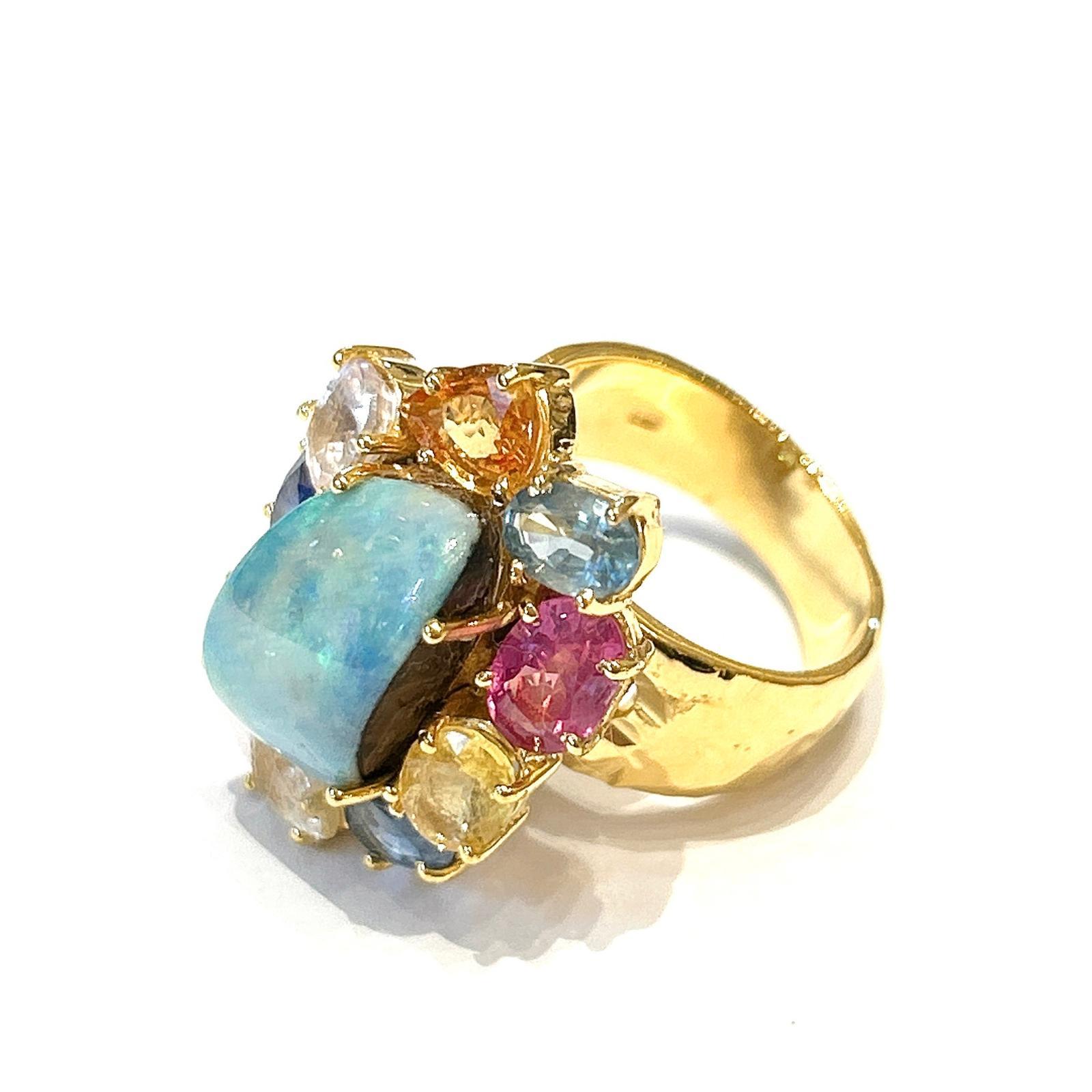 Bochic Orient Opal, Rubin & Multi Saphir Vintage Cluster-Ring Set 18K & Silve (Barock) im Angebot