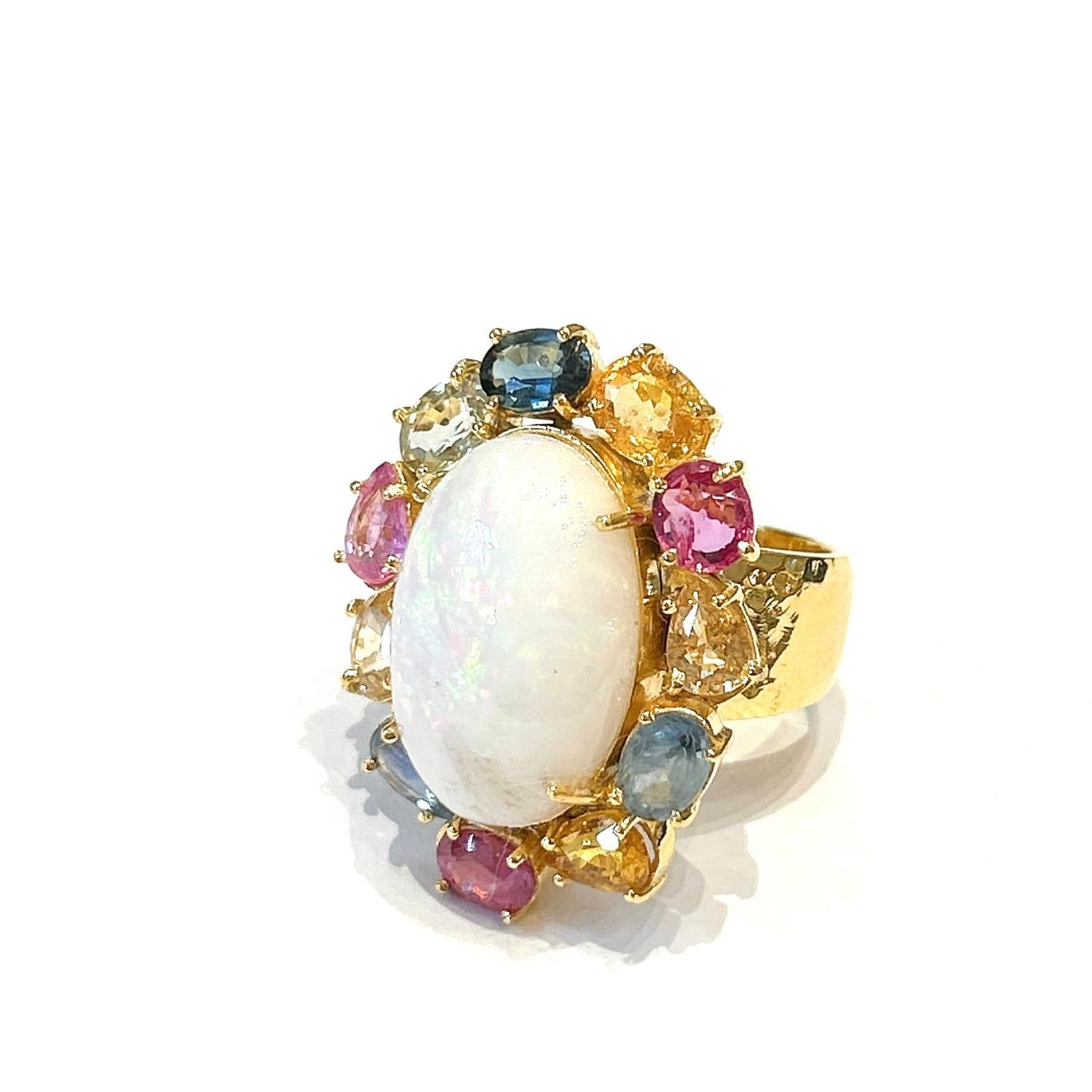 Bochic Orient Opal, Rubin & Multi Saphir Vintage Cluster-Ring Set 18K & Silve (Art déco) im Angebot