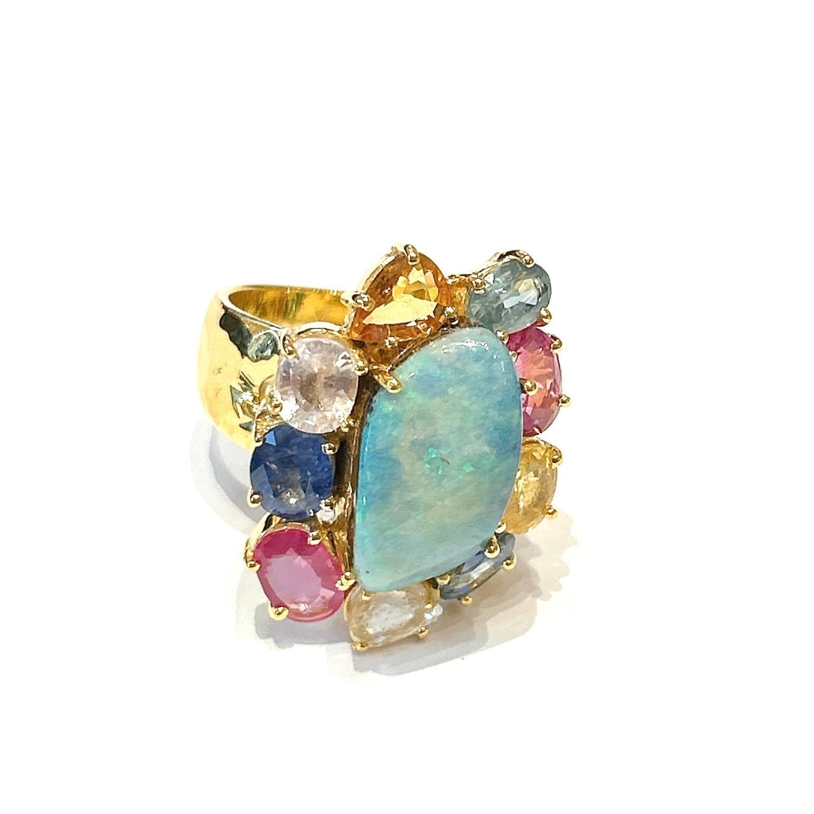 Bochic Orient Opal, Rubin & Multi Saphir Vintage Cluster-Ring Set 18K & Silve (Brillantschliff) im Angebot