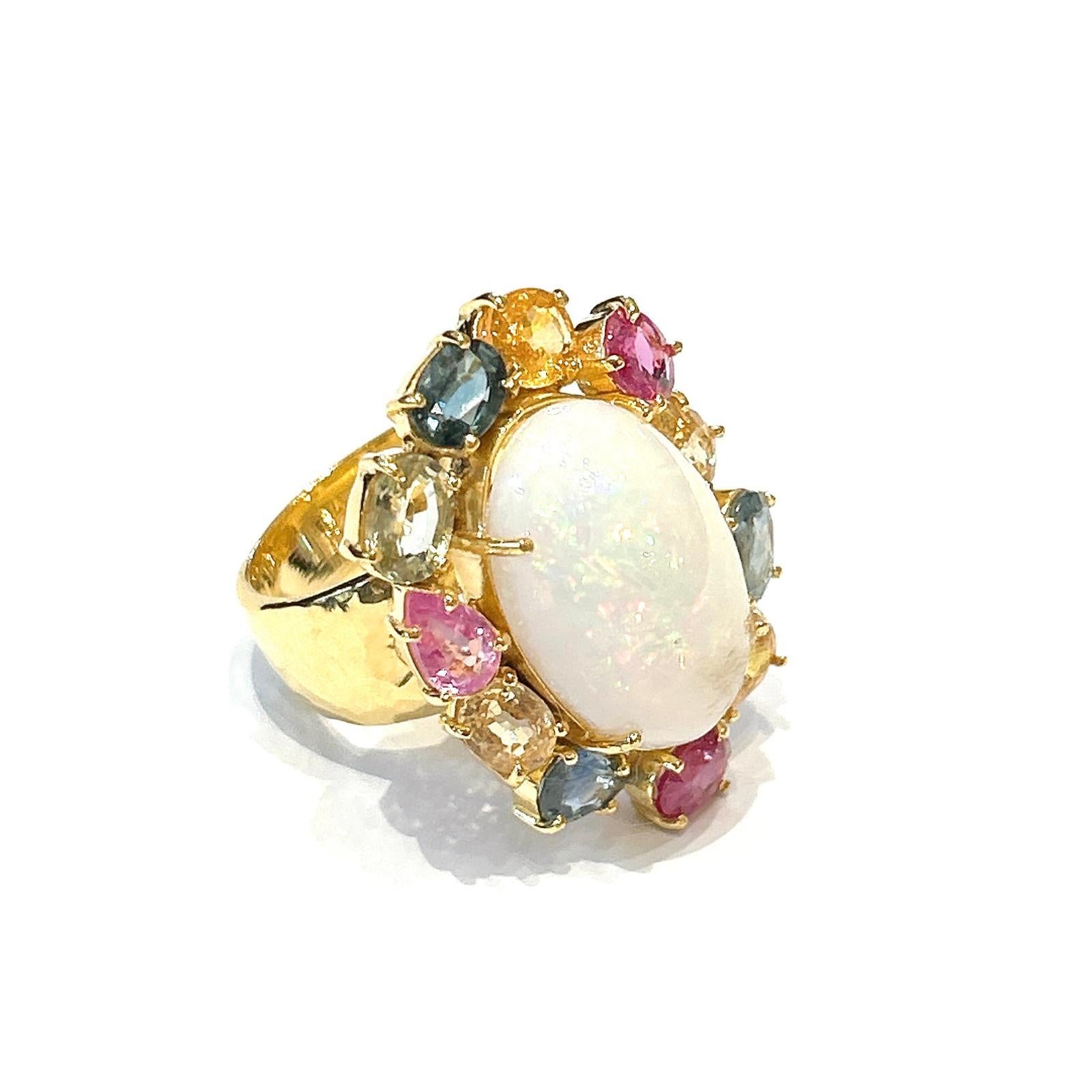 Bochic Orient Opal, Rubin & Multi Saphir Vintage Cluster-Ring Set 18K & Silve (Brillantschliff) im Angebot