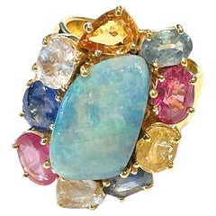 Bochic “Orient” Opal, Ruby & Multi Sapphire Vintage Cluster Ring Set 18K & Silve