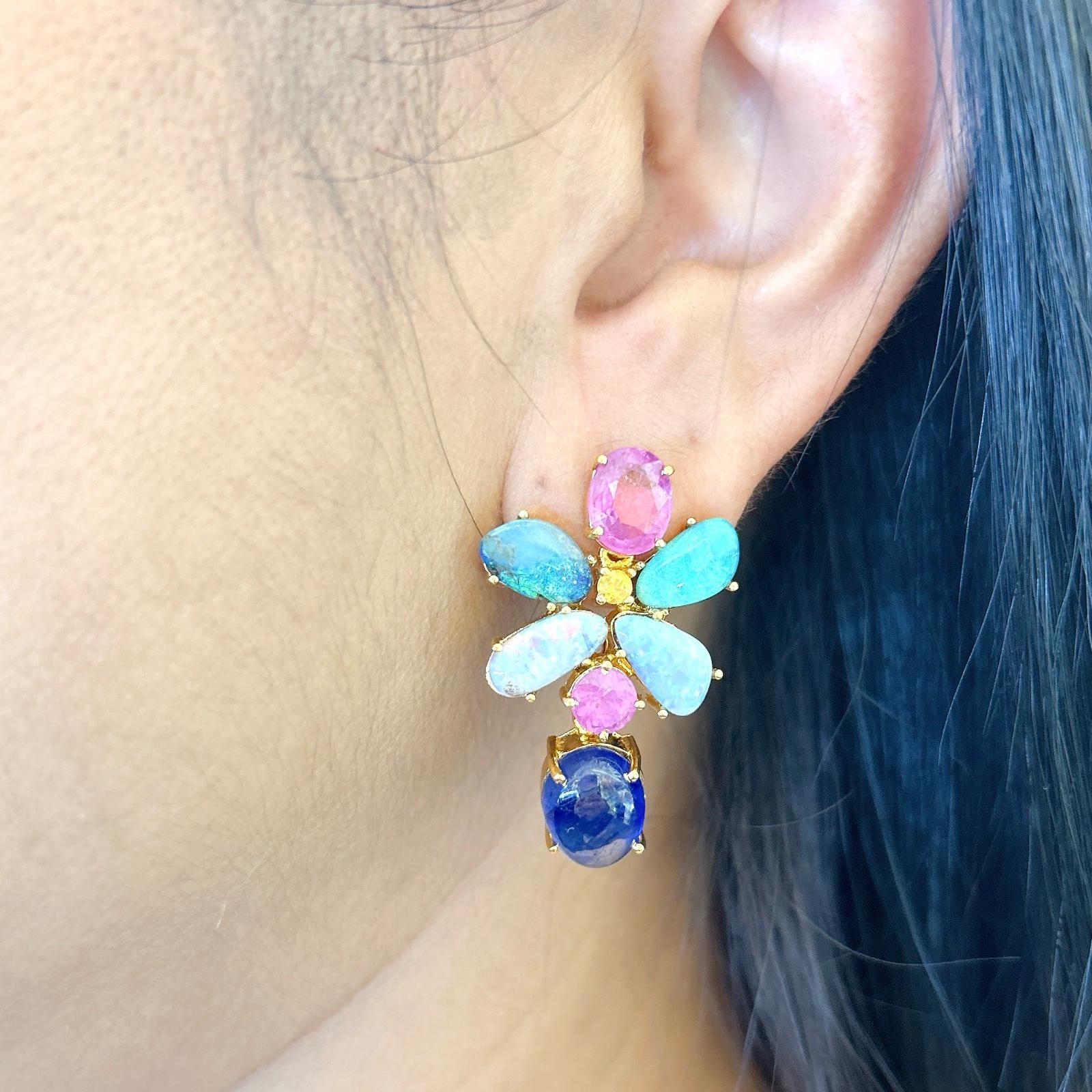 Bochic “Orient” Opal, Ruby & Royal Blue Sapphire Earrings Set 18K Gold&Silver  For Sale 9
