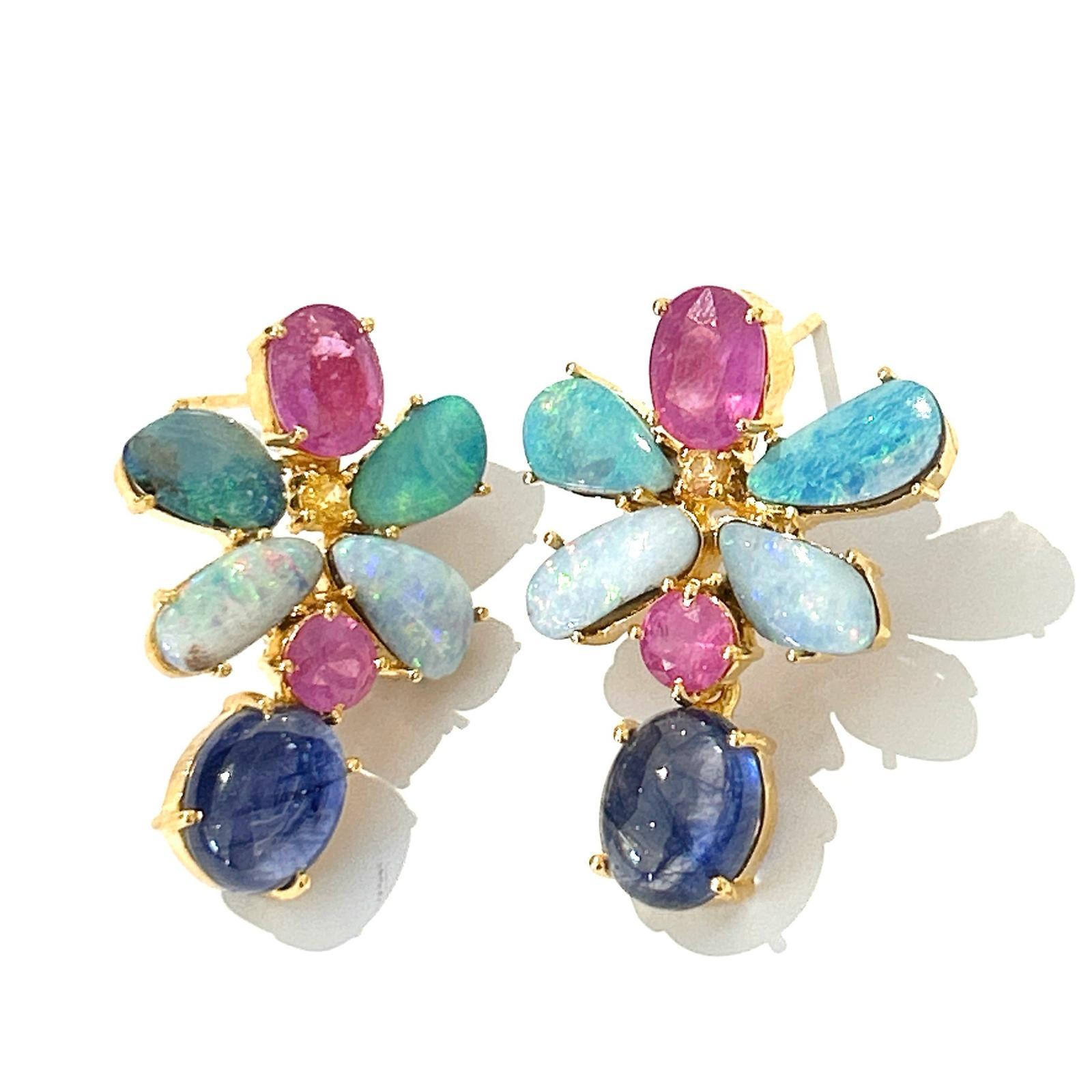 Bochic “Orient” Opal, Ruby & Multi Sapphire  Earrings Set 18K Gold&Silver 

Natural Rubies - 4 carat  
Natural Blue Opal- 2.50 carat 
Natural Blue Sapphires - 4 carat 

The earrings from the 