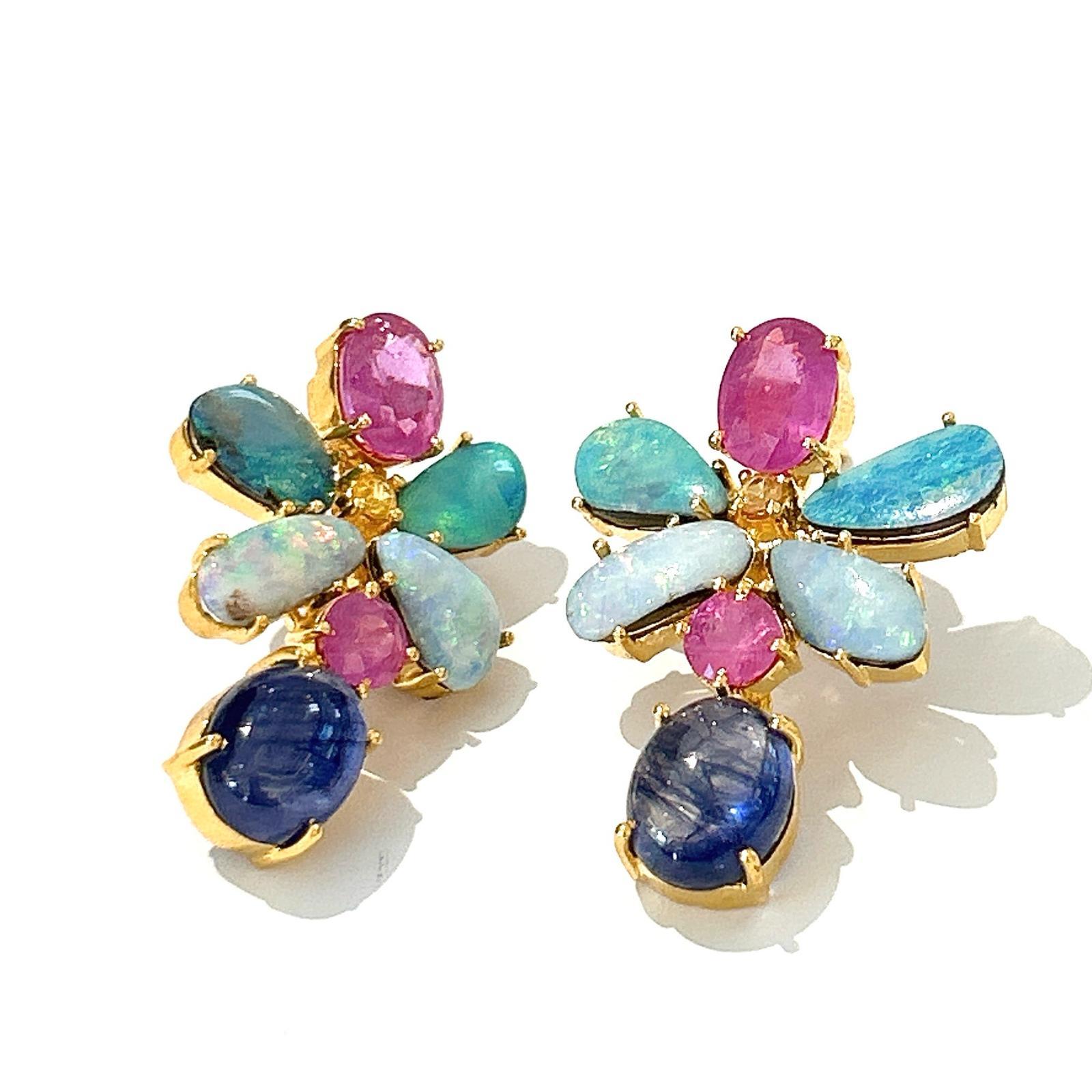 Baroque Bochic “Orient” Opal, Ruby & Royal Blue Sapphire Earrings Set 18K Gold&Silver  For Sale