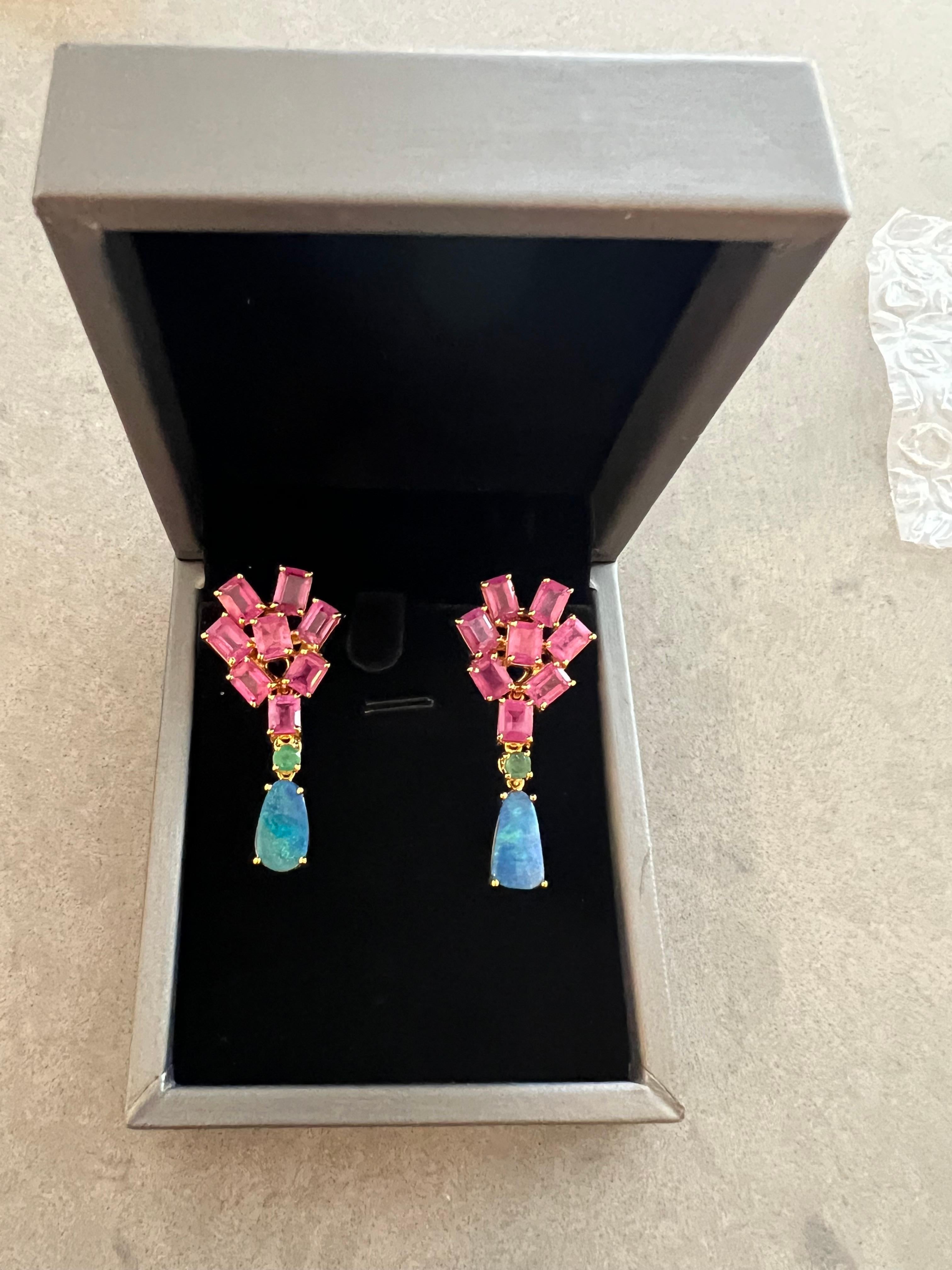 Bochic “Orient” Opal, Ruby & Royal Blue Sapphire Earrings Set 18K Gold&Silver  In New Condition For Sale In New York, NY