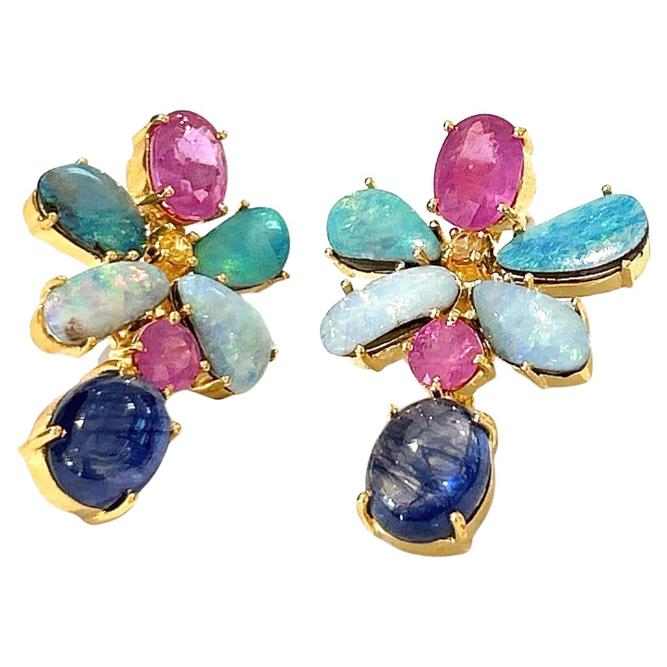 Bochic “Orient” Opal, Ruby & Royal Blue Sapphire Earrings Set 18K Gold&Silver  For Sale