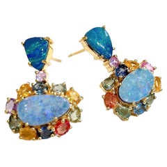Bochic “Orient” Opal, Ruby, Sapphire 
Multi Gem Earrings Set 18K Gold 
Silver