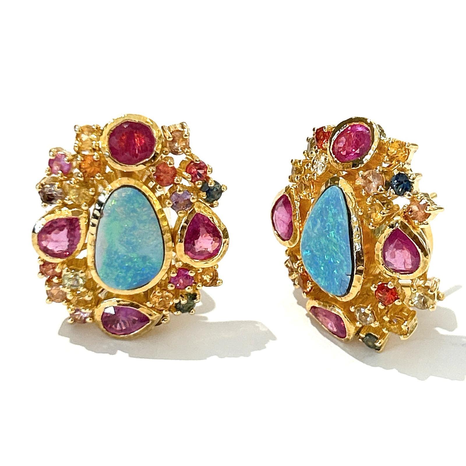 Bochic “Orient” Opal, Ruby, Sapphire & Multi Gem Earrings Set 18K Gold&Silver 

Natural Rubies - 8 carat  
Natural Multi Sapphires - 5 carat
Natural Blue Opal- 1.50 carat 


The earrings from the 