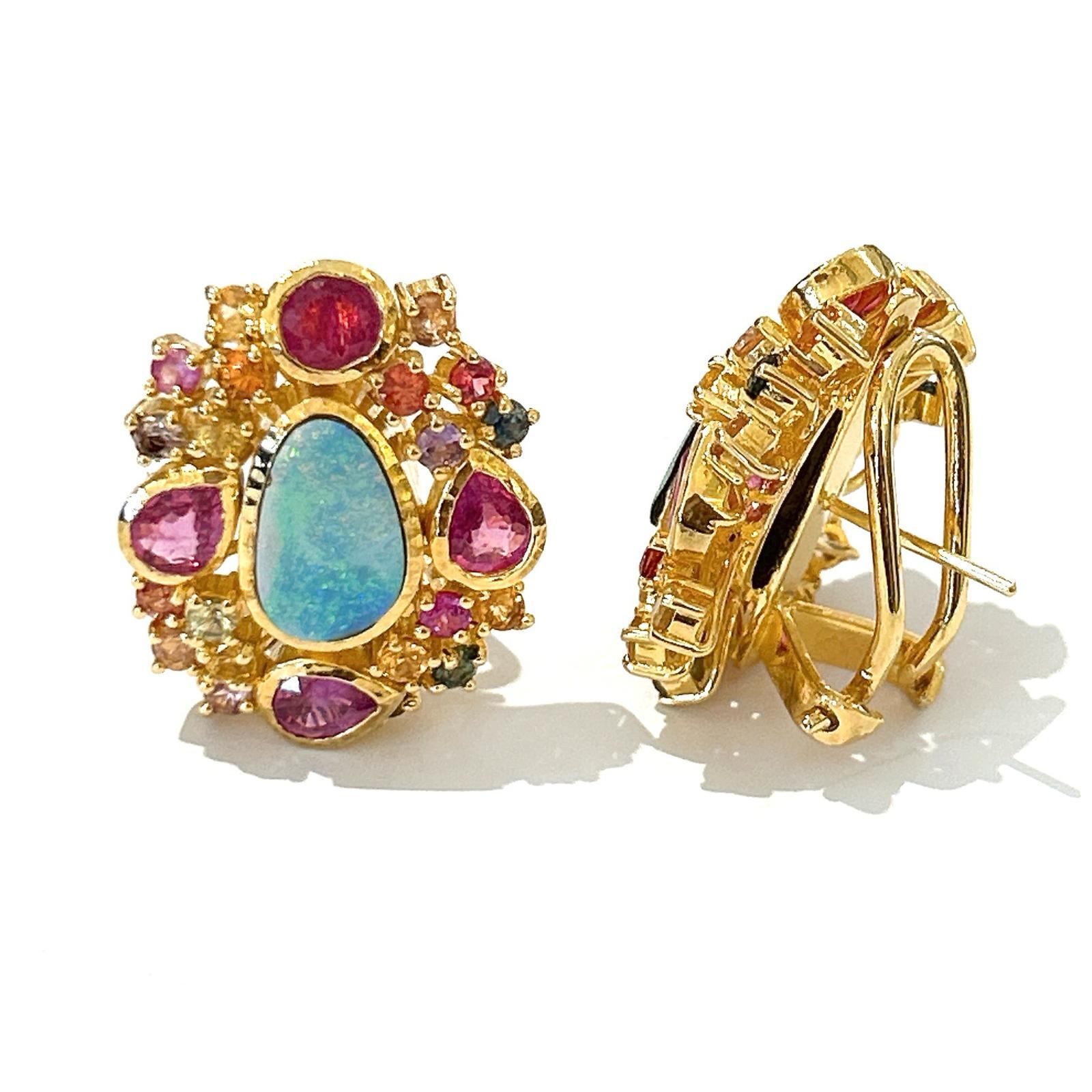 Baroque Bochic “Orient” Opal, Ruby, Sapphire & Multi Gem Earrings Set 18K Gold&Silver  For Sale