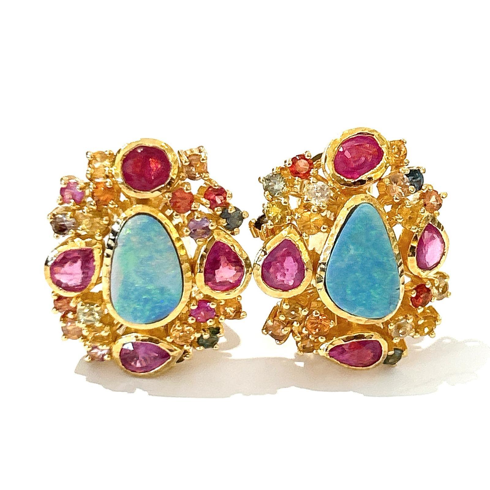 Brilliant Cut Bochic “Orient” Opal, Ruby, Sapphire & Multi Gem Earrings Set 18K Gold&Silver  For Sale