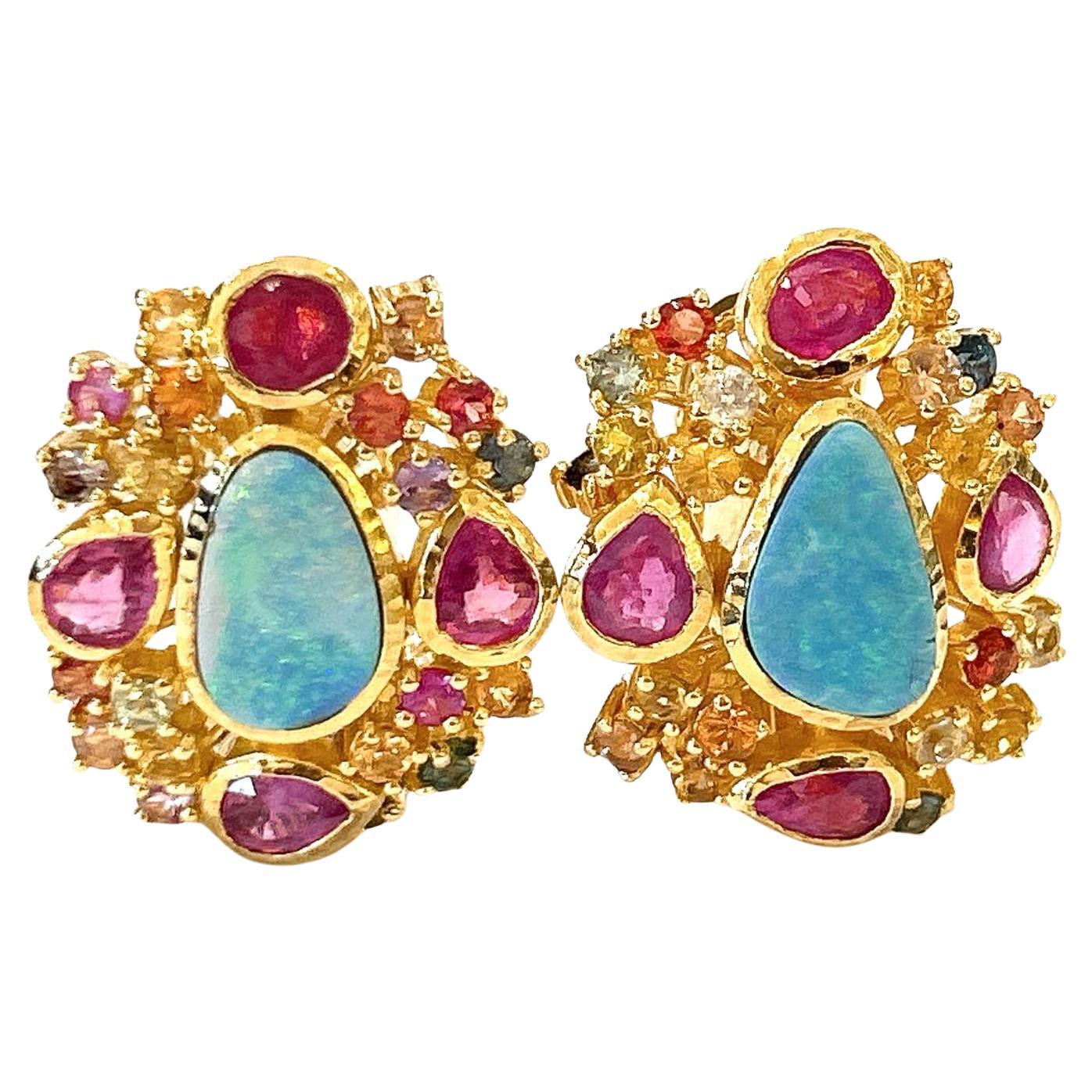Bochic “Orient” Opal, Ruby, Sapphire & Multi Gem Earrings Set 18K Gold&Silver  For Sale