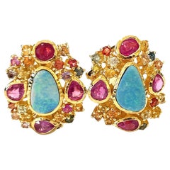 Bochic “Orient” Opal, Ruby, Sapphire & Multi Gem Earrings Set 18K Gold&Silver 