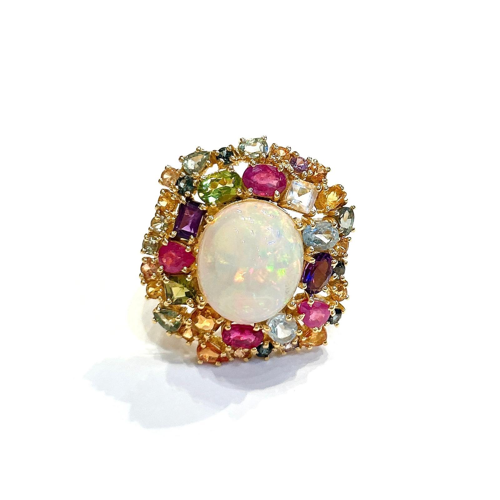 Brilliant Cut Bochic “Orient” Opal, Ruby & Sapphire Ring, Set 18K Yellow Gold & Silver