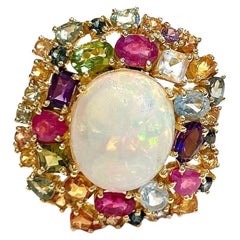 Bochic “Orient” Opal, Ruby & Sapphire Ring, Set 18K Yellow Gold & Silver