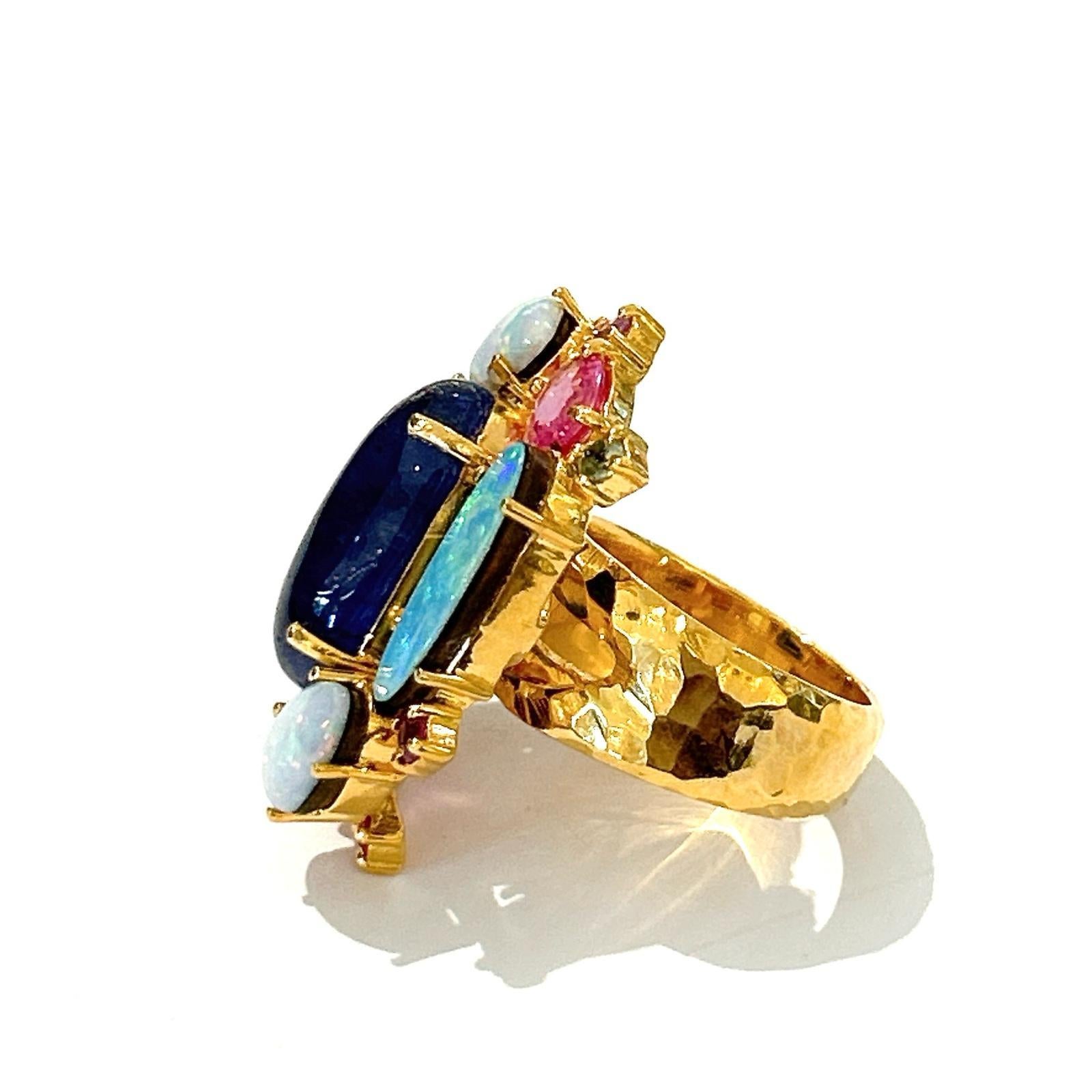 Baroque Bochic “Orient” Opal, Ruby & Sapphire Vintage Cluster Ring Set 18K & Silver  For Sale