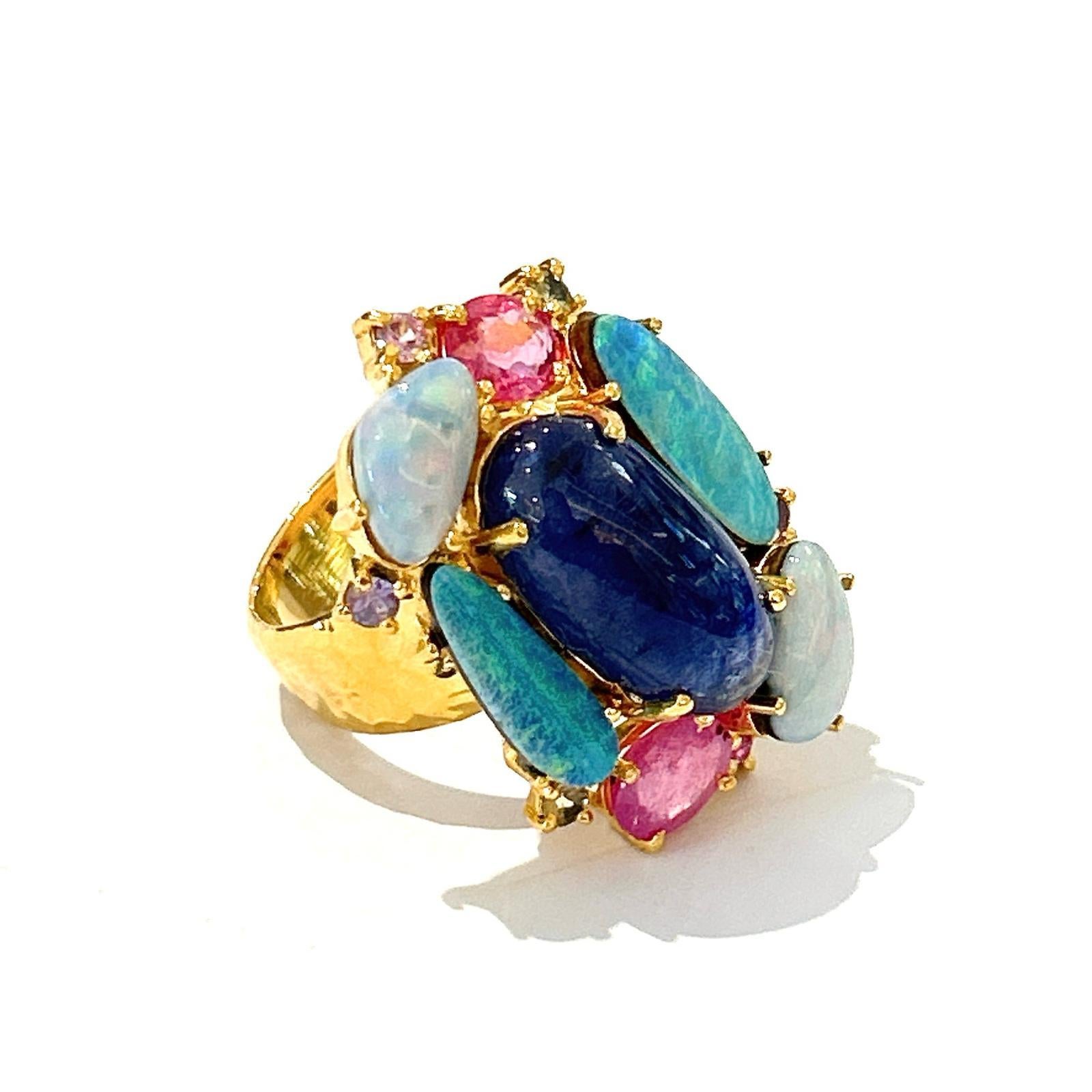 Cabochon Bochic “Orient” Opal, Ruby & Sapphire Vintage Cluster Ring Set 18K & Silver  For Sale