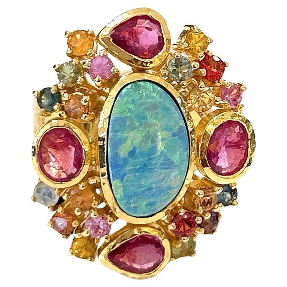 Bochic “Orient” Opal, Ruby & Sapphire Vintage Cluster Ring Set 18K & Silver  For Sale