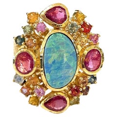 Bochic “Orient” Opal, Ruby & Sapphire Vintage Cluster Ring Set 18K & Silver 