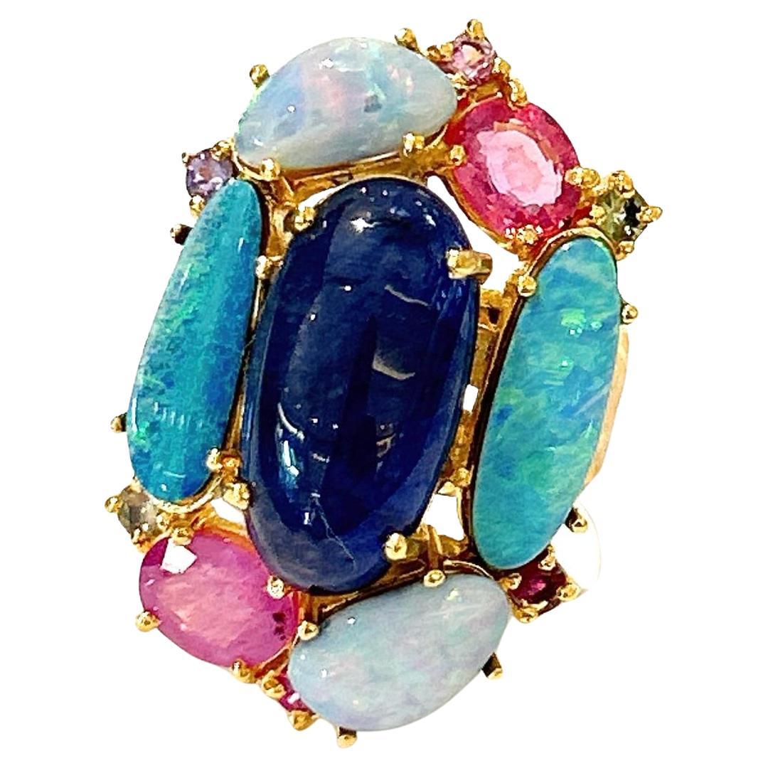 Bochic Orient Opal, Rubin & Saphir Vintage Cluster-Ring Set 18K & Silber 
