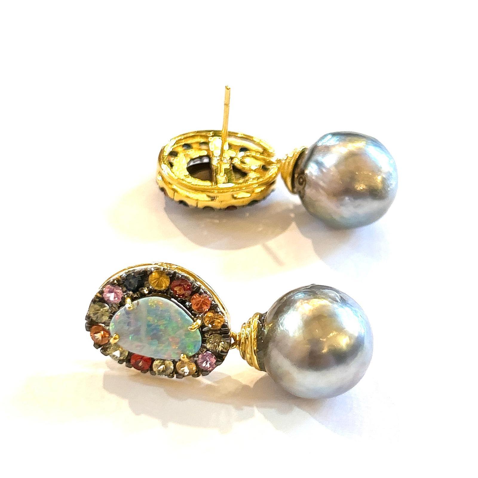 Baroque Bochic “Orient” Opal, South Sea Pearls & Sapphires Earrings Set 18K Gold&Silver