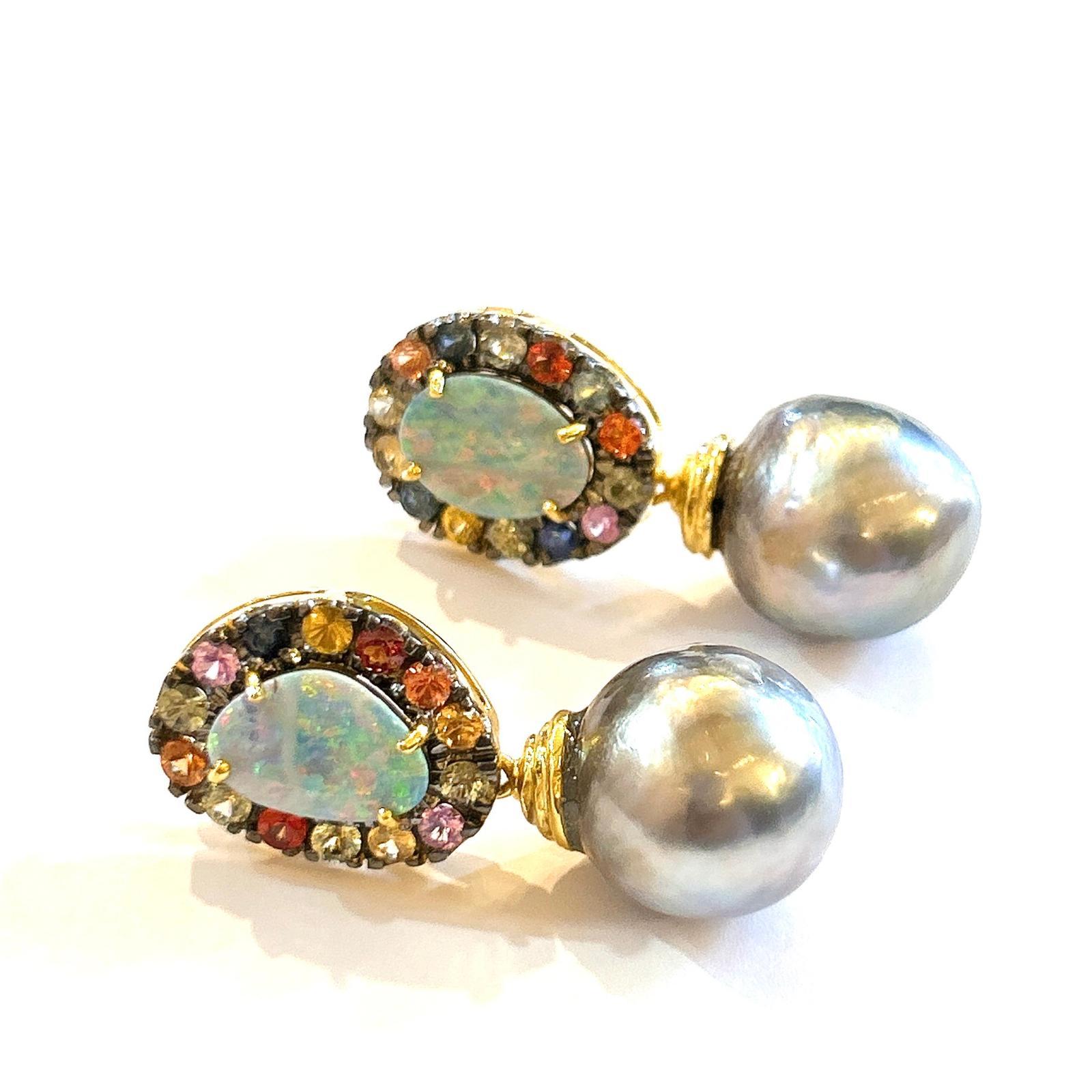 Brilliant Cut Bochic “Orient” Opal, South Sea Pearls & Sapphires Earrings Set 18K Gold&Silver