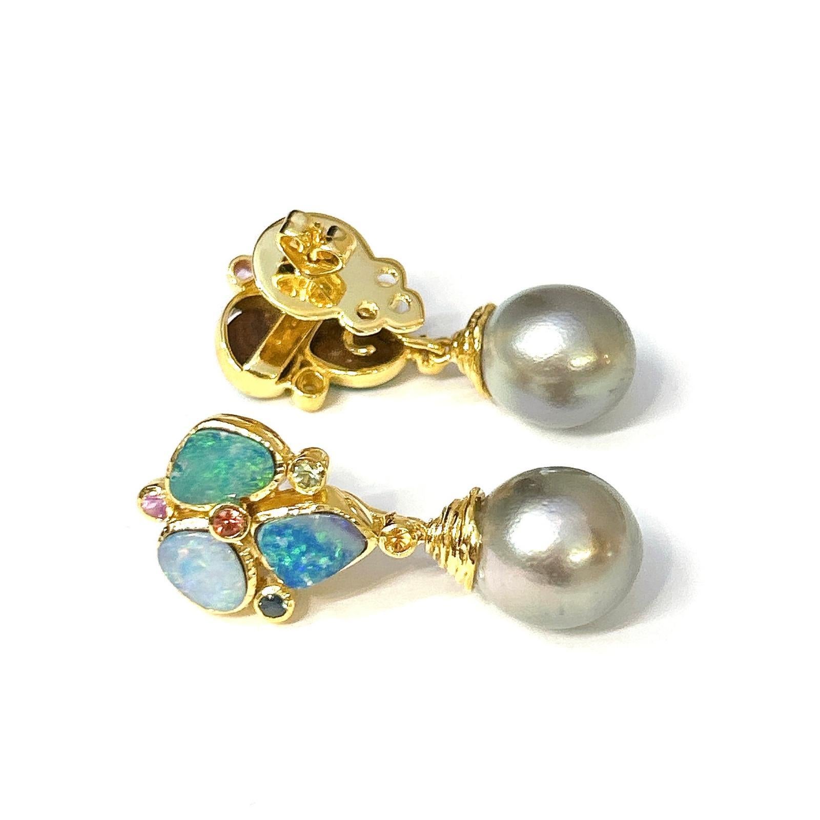 Oval Cut Bochic “Orient” Opal, South Sea Pearls & Sapphires Earrings Set 18K Gold&Silver