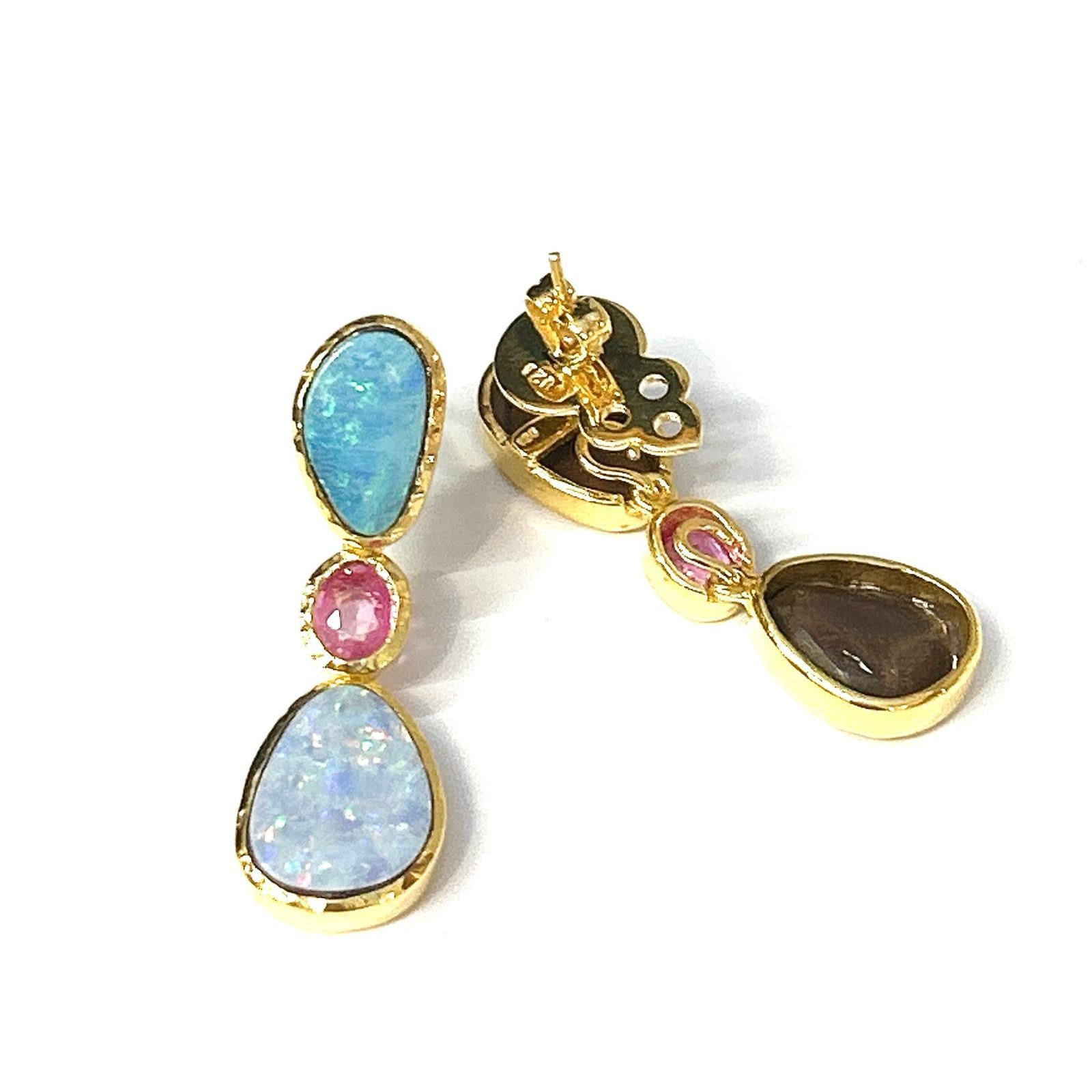 Women's or Men's Bochic “Orient” Opal, South Sea Pearls & Sapphires Earrings Set 18K Gold&Silver