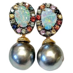 Bochic “Orient” Opal, South Sea Pearls & Sapphires Earrings Set 18K Gold&Silver