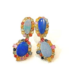 Ensemble boucles d'oreilles Bochic Orient en or et argent 18 carats, opales et saphirs fantaisie multicolores