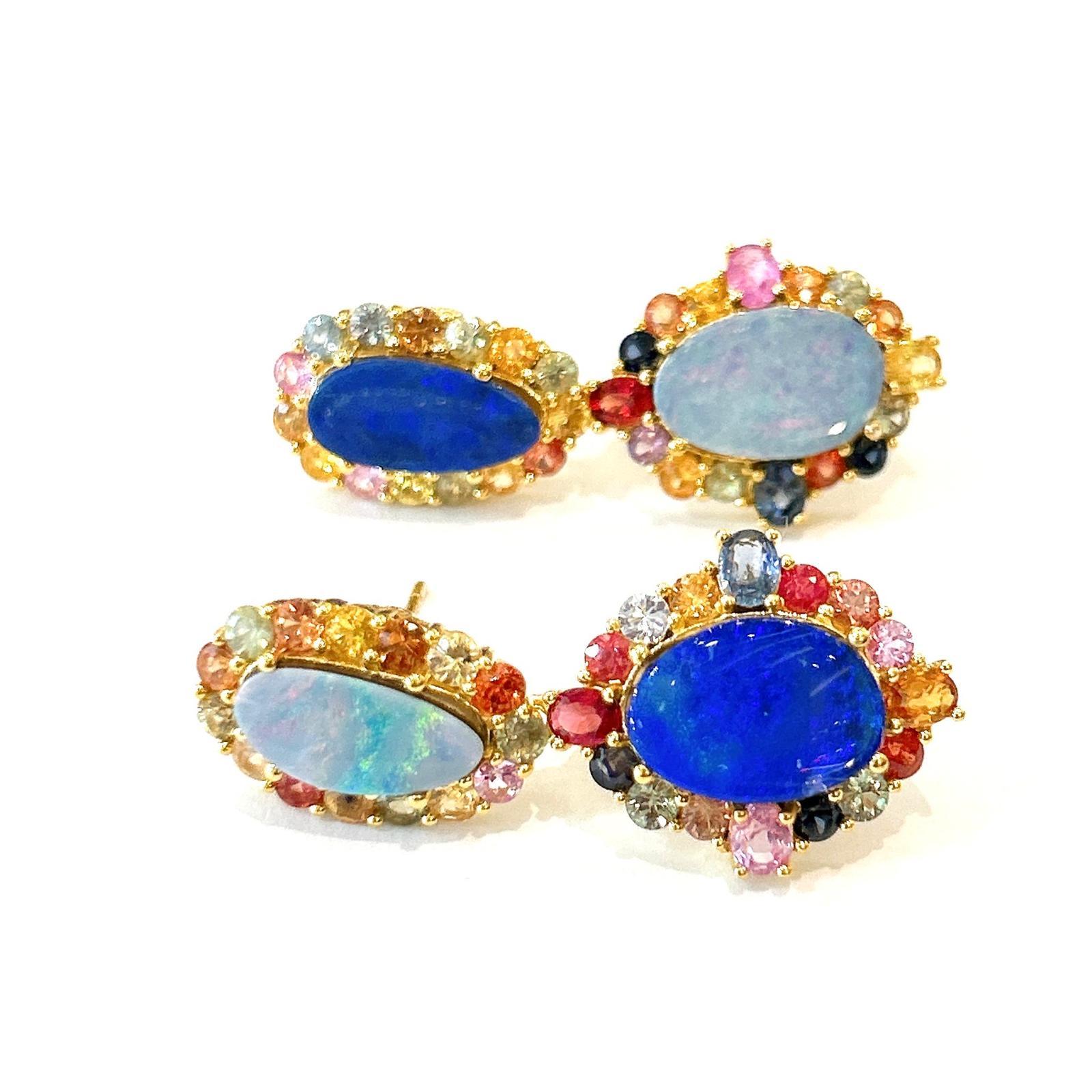 Bochic Orient Opale & mehrfarbige Fancy Saphir-Ohrringe Set 18K Gold&Silber im Angebot 1
