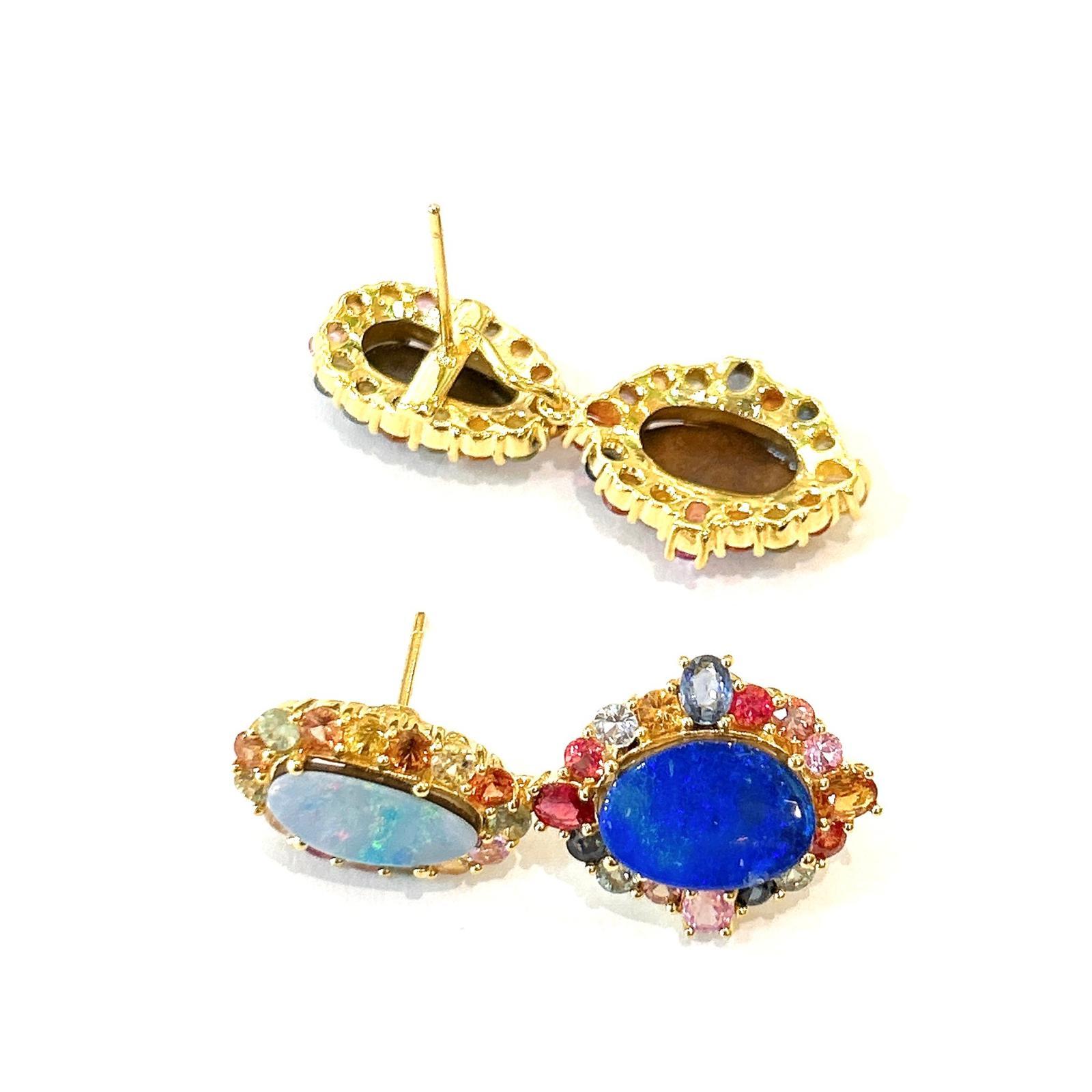 Bochic Orient Opale & mehrfarbige Fancy Saphir-Ohrringe Set 18K Gold&Silber im Angebot 2