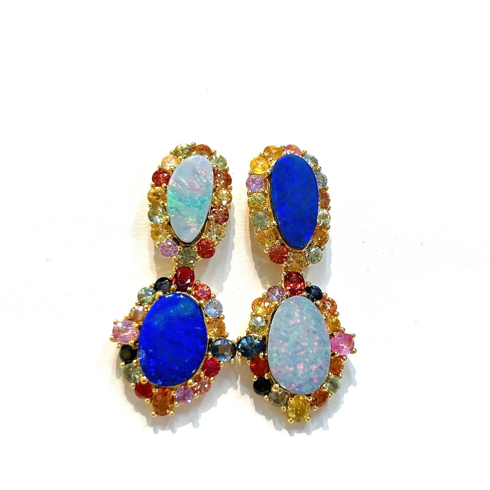 Bochic Orient Opale & mehrfarbige Fancy Saphir-Ohrringe Set 18K Gold&Silber im Angebot 3