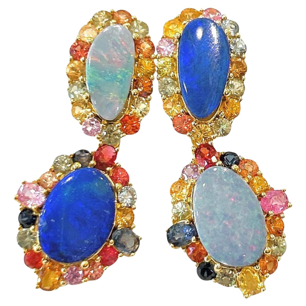 Juego de Pendientes Bochic "Oriente" Ópalos y Zafiro Fantasía Multicolor Oro y Plata 18K