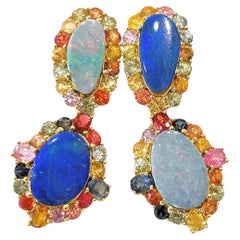 Bochic “Orient” Opals & Multi Color Fancy Sapphire Earrings Set 18K Gold&Silver
