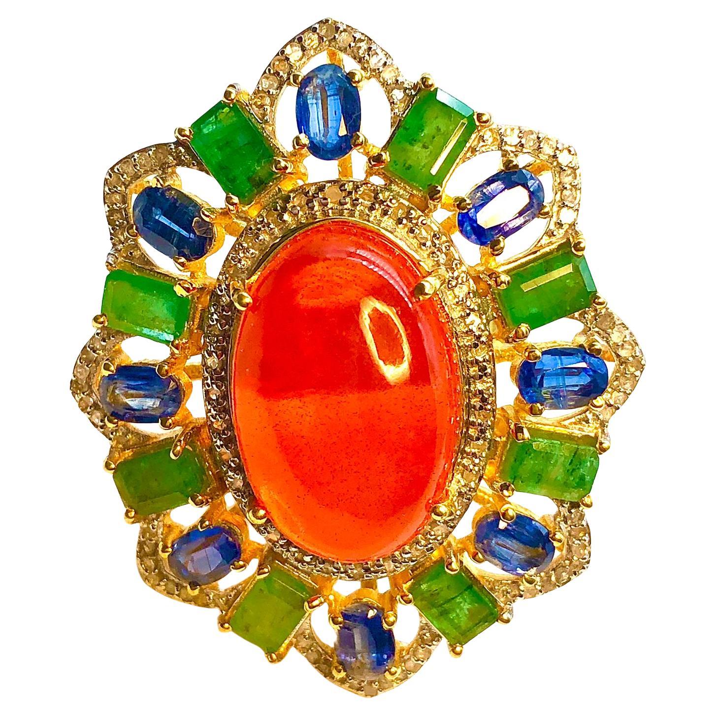 Bochic “Orient” Orange Opal, Emerald, & Diamond Ring Set In 18K Gold & Silver
