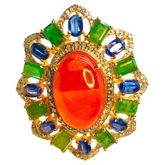 Anello Bochic "Orient" con opale arancione, smeraldo e diamante incastonati in oro e argento 18 carati